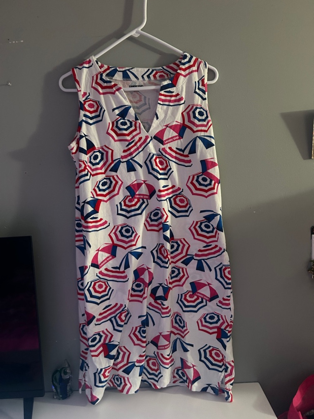 Lands' End White Sleeveless  Dress with Pink red & Navy Umbrella Print
